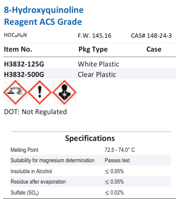 Aqua Solutions catalog panel - 8-Hydroxyquinoline Reagent ACS Grade