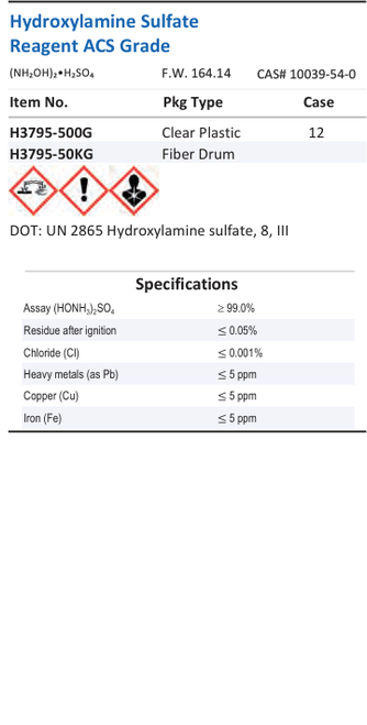 Aqua Solutions catalog panel - Hydroxylamine Sulfate Reagent ACS Grade