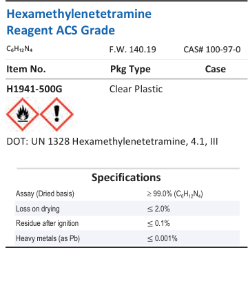 Aqua Solutions catalog panel - Hexamethylenetetramine Reagent ACS Grade