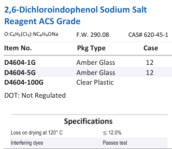 Aqua Solutions catalog panel - 2,6-Dichloroindophenol Sodium Salt Reagent ACS Grade