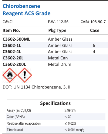 Aqua Solutions catalog panel - Chlorobenzene Reagent ACS Grade