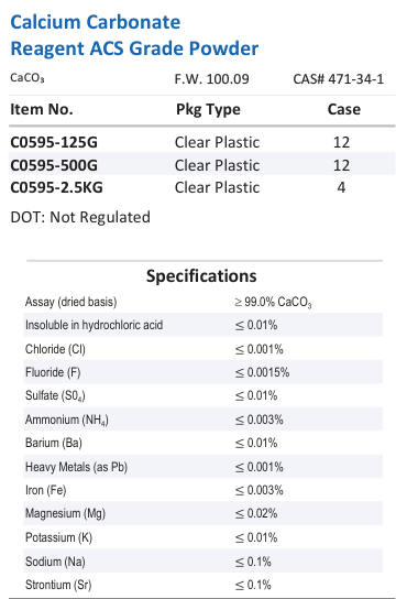 Aqua Solutions catalog panel - Calcium Carbonate Reagent ACS Grade Powder