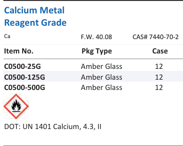Aqua Solutions catalog panel - Calcium Metal Reagent Grade