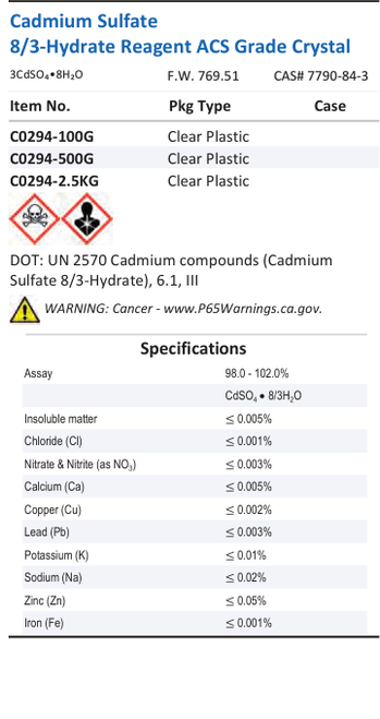 Aqua Solutions catalog panel - Cadmium Sulfate 8/3-Hydrate Reagent ACS Grade Crystal