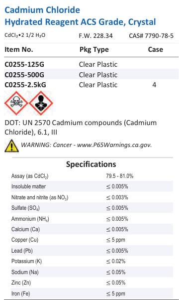 Aqua Solutions catalog panel - Cadmium Chloride Hydrated Reagent ACS Grade, Crystal