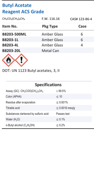 Aqua Solutions catalog panel - Butyl Acetate Reagent ACS Grade