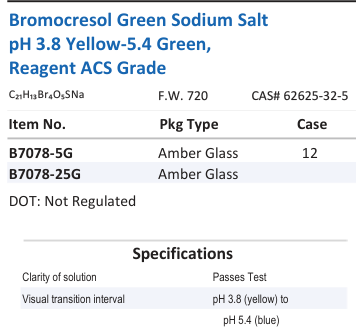Aqua Solutions catalog panel - Bromocresol Green Sodium Salt pH 3.8 Yellow-5.4 Green, Reagent ACS Grade