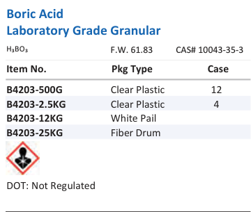 Aqua Solutions catalog panel - Boric Acid Laboratory Grade Granular