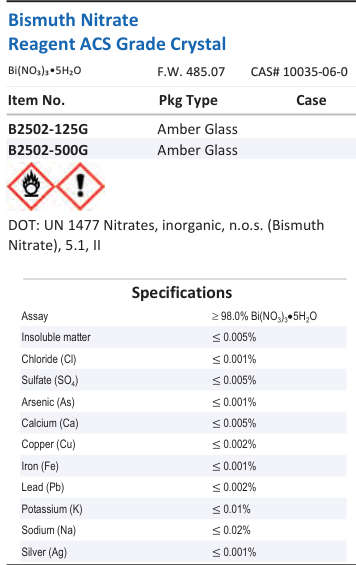 Aqua Solutions catalog panel - Bismuth Nitrate Reagent ACS Grade Crystal