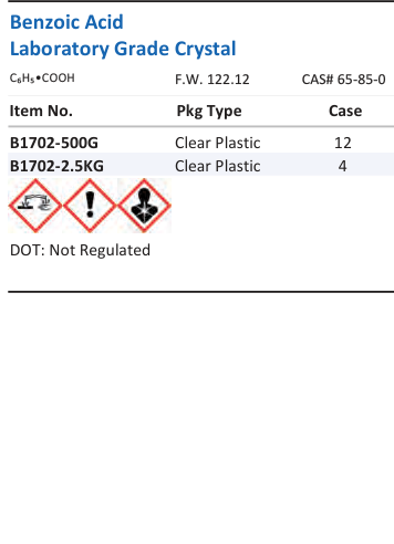 Aqua Solutions catalog panel - Benzoic Acid Laboratory Grade Crystal