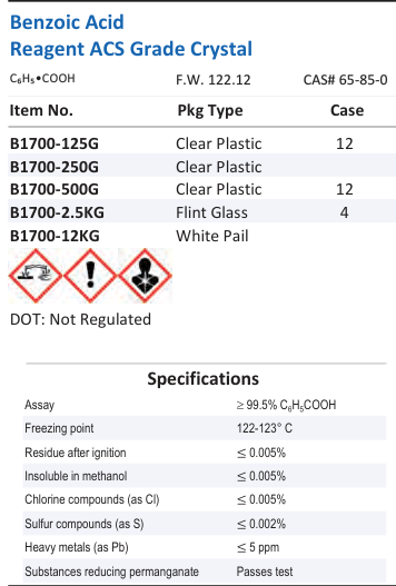 Aqua Solutions catalog panel - Benzoic Acid Reagent ACS Grade Crystal