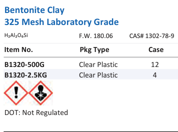 Aqua Solutions catalog panel - Bentonite Clay 325 Mesh Laboratory Grade