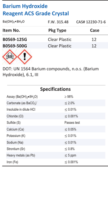 Aqua Solutions catalog panel - Barium Hydroxide Reagent ACS Grade Crystal