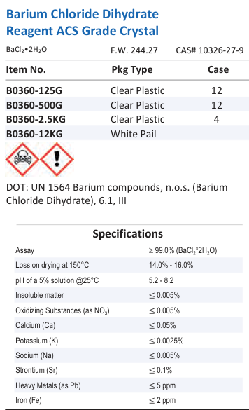 Aqua Solutions catalog panel - Barium Chloride Dihydrate Reagent ACS Grade Crystal