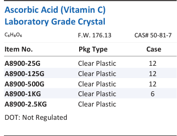 Aqua Solutions catalog panel - Ascorbic Acid (Vitamin C) Laboratory Grade Crystal