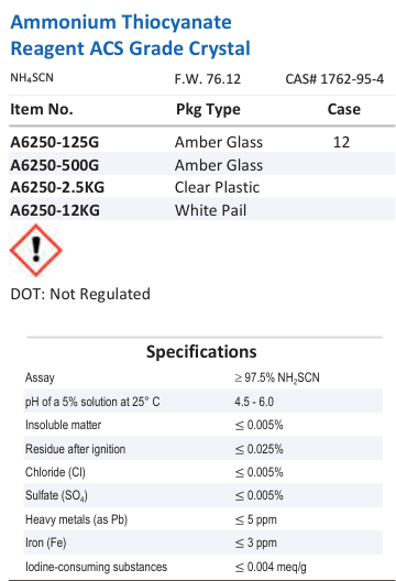Aqua Solutions catalog panel - Ammonium Thiocyanate Reagent ACS Grade Crystal