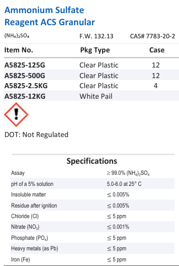 Aqua Solutions catalog panel - Ammonium Sulfate Reagent ACS Granular