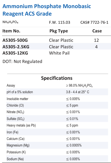 Aqua Solutions catalog panel - Ammonium Phosphate Monobasic Reagent ACS Grade
