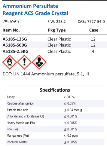 Aqua Solutions catalog panel - Ammonium Persulfate Reagent ACS Grade Crystal