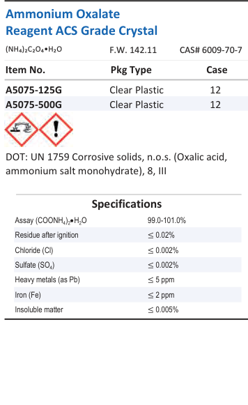 Aqua Solutions catalog panel - Ammonium Oxalate Reagent ACS Grade Crystal
