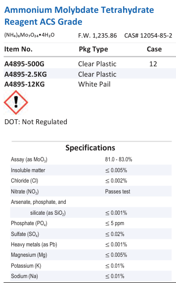 Aqua Solutions catalog panel - Ammonium Molybdate Tetrahydrate Reagent ACS Grade