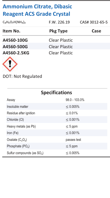 Aqua Solutions catalog panel - Ammonium Citrate, Dibasic Reagent ACS Grade Crystal