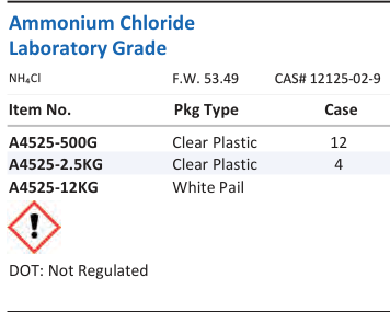 Aqua Solutions catalog panel - Ammonium Chloride Laboratory Grade