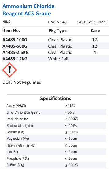Aqua Solutions catalog panel - Ammonium Chloride Reagent ACS Grade