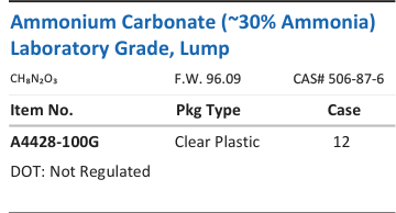 Aqua Solutions catalog panel - Ammonium Carbonate (~30% Ammonia) Laboratory Grade, Lump