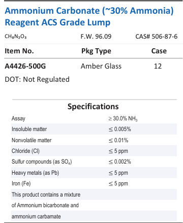 Aqua Solutions catalog panel - Ammonium Carbonate (~30% Ammonia) Reagent ACS Grade Lump