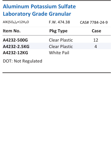 Aqua Solutions catalog panel - Aluminum Potassium Sulfate Laboratory Grade Granular