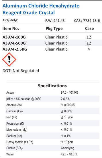 Aqua Solutions catalog panel - Aluminum Chloride Hexahydrate Reagent Grade Crystal