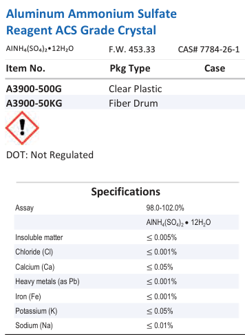 Aqua Solutions catalog panel - Aluminum Ammonium Sulfate Reagent ACS Grade Crystal
