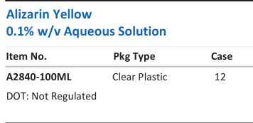 Aqua Solutions catalog panel - Alizarin Yellow 0.1% w/v Aqueous Solution