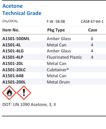 Aqua Solutions catalog panel - Acetone Technical Grade