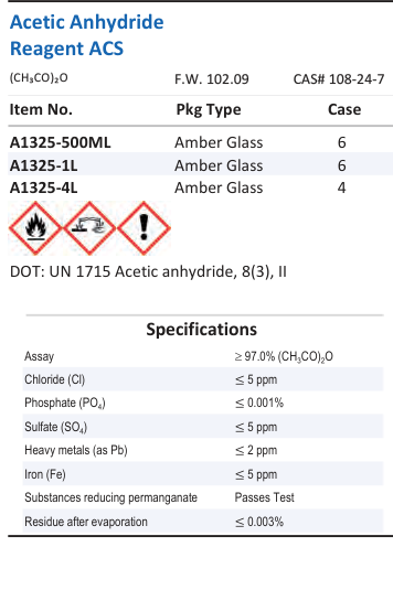 Aqua Solutions catalog panel - Acetic Anhydride Reagent ACS