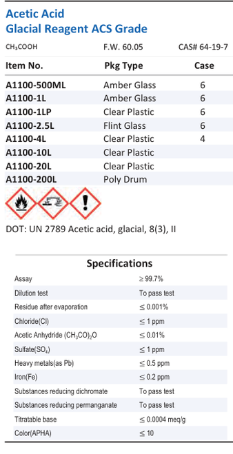Aqua Solutions catalog panel - Acetic Acid Glacial Reagent ACS Grade