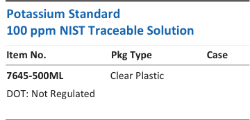 Aqua Solutions catalog panel - Potassium Standard 100 ppm NIST Traceable Solution