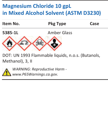 Aqua Solutions catalog panel - Magnesium Chloride 10 gpL in Mixed Alcohol Solvent (ASTM D3230)