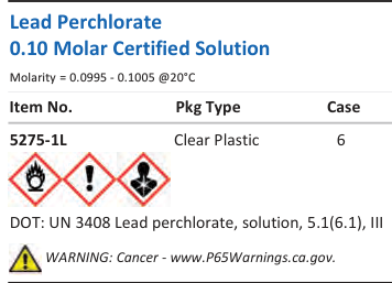 Aqua Solutions catalog panel - Lead Perchlorate 0.10 Molar Certified Solution