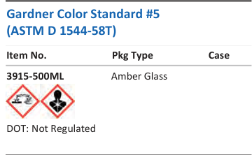 Aqua Solutions catalog panel - Gardner Color Standard #5 (ASTM D 1544-58T)