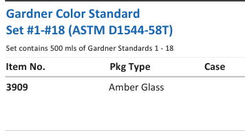Aqua Solutions catalog panel - Gardner Color Standard Set #1-#18 (ASTM D1544-58T)