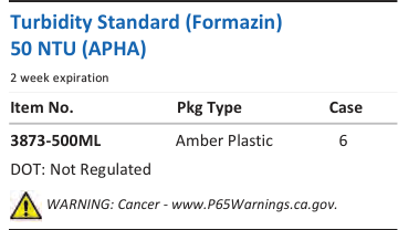 Aqua Solutions catalog panel - Turbidity Standard (Formazin) 50 NTU (APHA)
