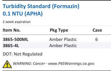 Aqua Solutions catalog panel - Turbidity Standard (Formazin) 0.1 NTU (APHA)