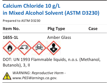 Aqua Solutions catalog panel - Calcium Chloride 10 g/L in Mixed Alcohol Solvent (ASTM D3230)