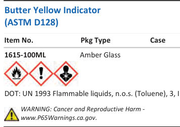 Aqua Solutions catalog panel - Butter Yellow Indicator (ASTM D128)