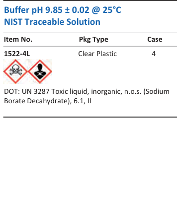 Aqua Solutions catalog panel - Buffer pH 9.85 ± 0.02 @ 25°C NIST Traceable Solution