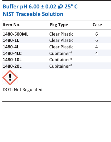 Aqua Solutions catalog panel - Buffer pH 6.00 ± 0.02 @ 25° C NIST Traceable Solution