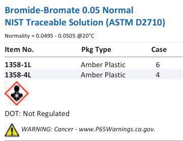 Aqua Solutions catalog panel - Bromide-Bromate 0.05 Normal NIST Traceable Solution (ASTM D2710)