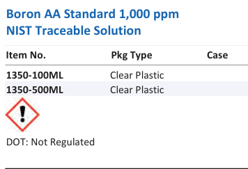 Aqua Solutions catalog panel - Boron AA Standard 1,000 ppm NIST Traceable Solution